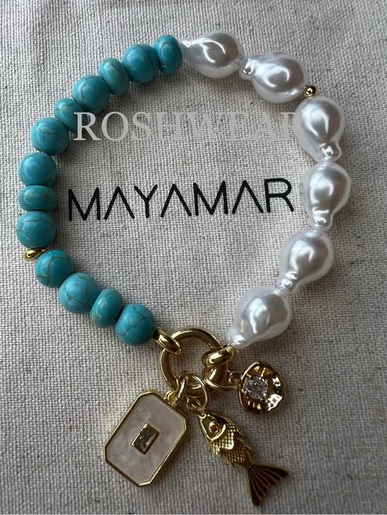 Mayamar Jewelry - Carabiner Turquoise & Pearl Charm Bracelet with Gold Accents NWOT